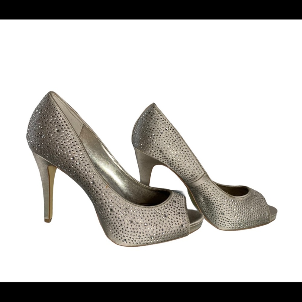 Grey embellished beads open toe stiletto shoes